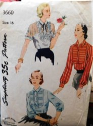 3660 Simplicity 1951 Lacy Bib Yoke Tuck Short - Long Sleeve Blouse Pattern 16 34B Cut
